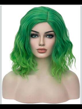 Green Wigs for Women Short Curly Bob Wavy Wig Girls Ombre Green 14" Body Wave